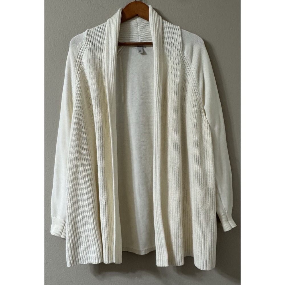 LL Bean Womens 2X Open Front Cream Cotton Cardigan Sweater Classy Closet Staple